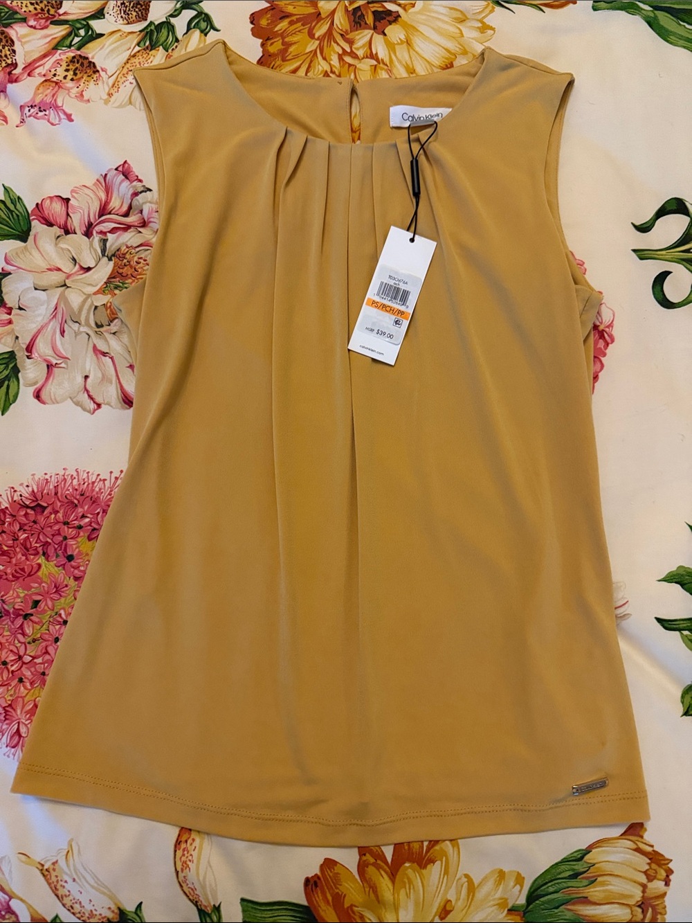 Calvin Klein Mustard Yellow Pleated Sleeveless Tank Top